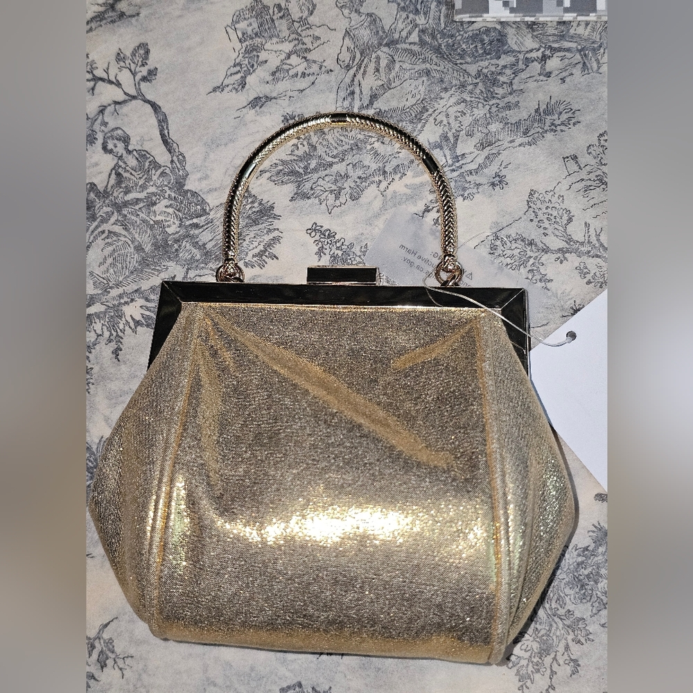 NWT Gold Rhinestone Evening Clutch Black Frame Chain Strap Sparkly Prom Wedding - Picture 4 of 12